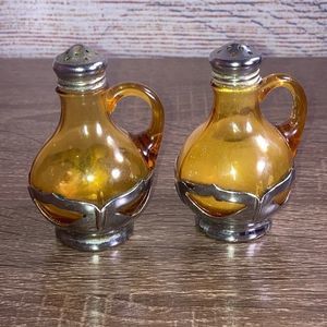 Salt & Pepper Shakers VTG Amber Glass & Chrome Metal Farber Bros Set